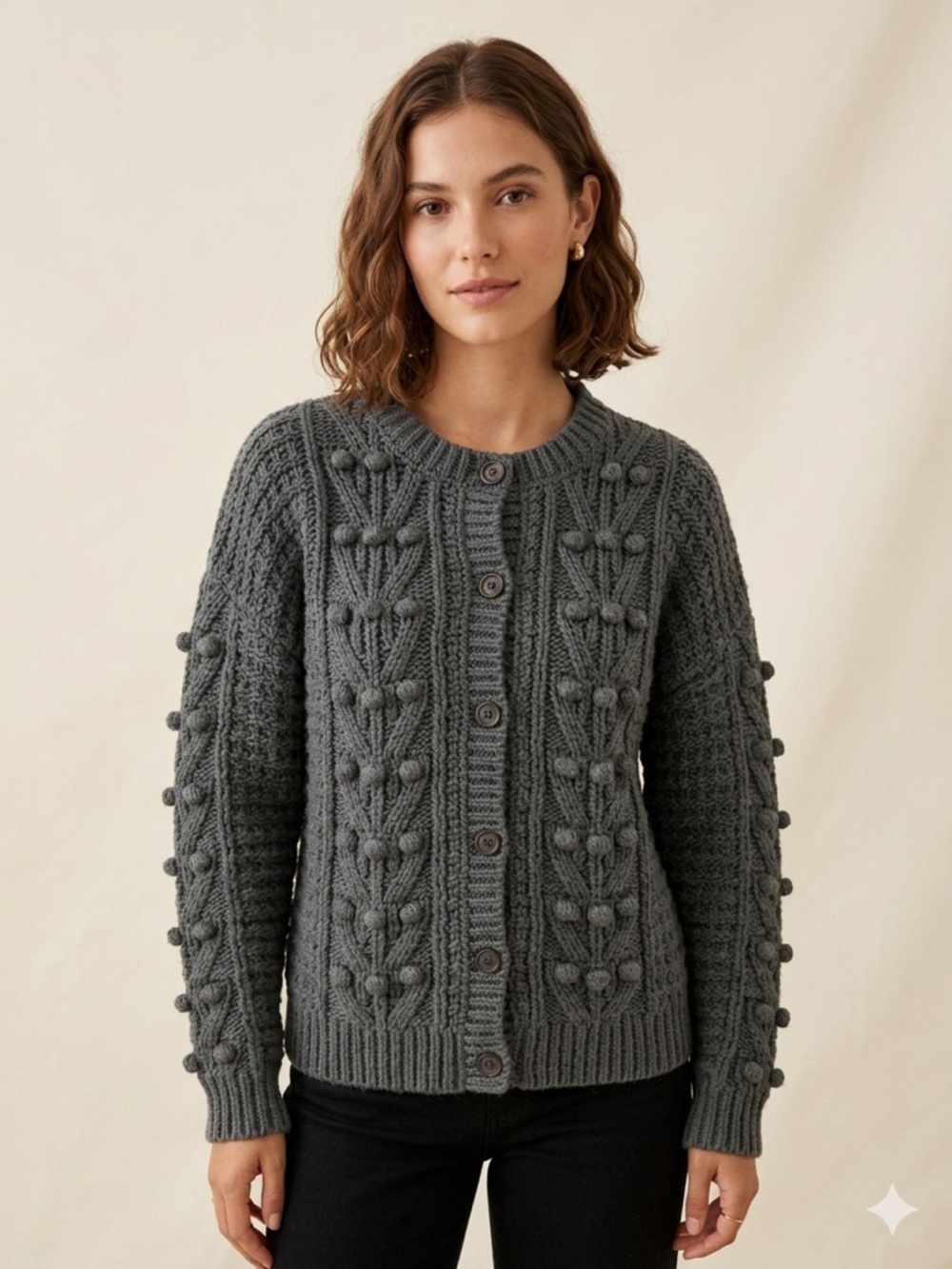 Rylee + Cru Charcoal Gray Bobble Cable-Knit Button down Cardigan